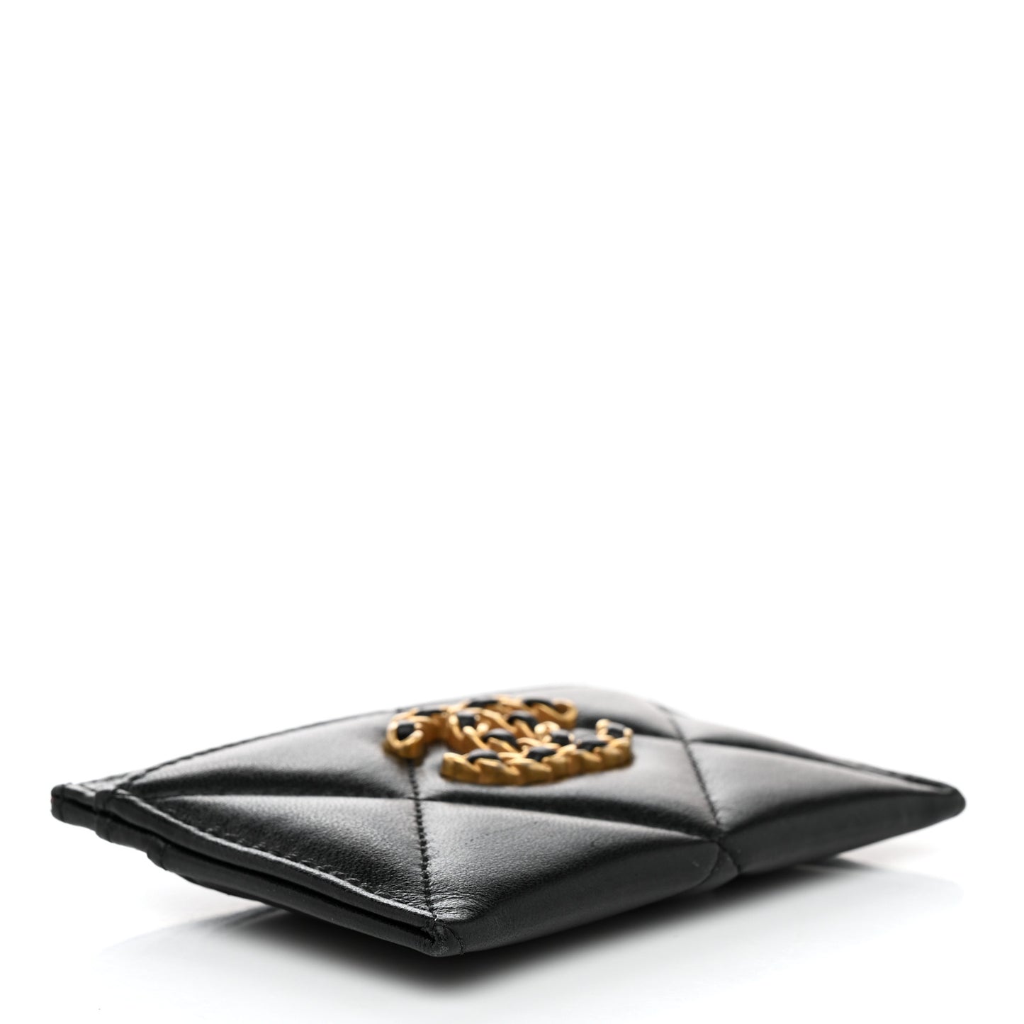 Shiny Goatskin Quilted Chanel 19 Card Holder Black