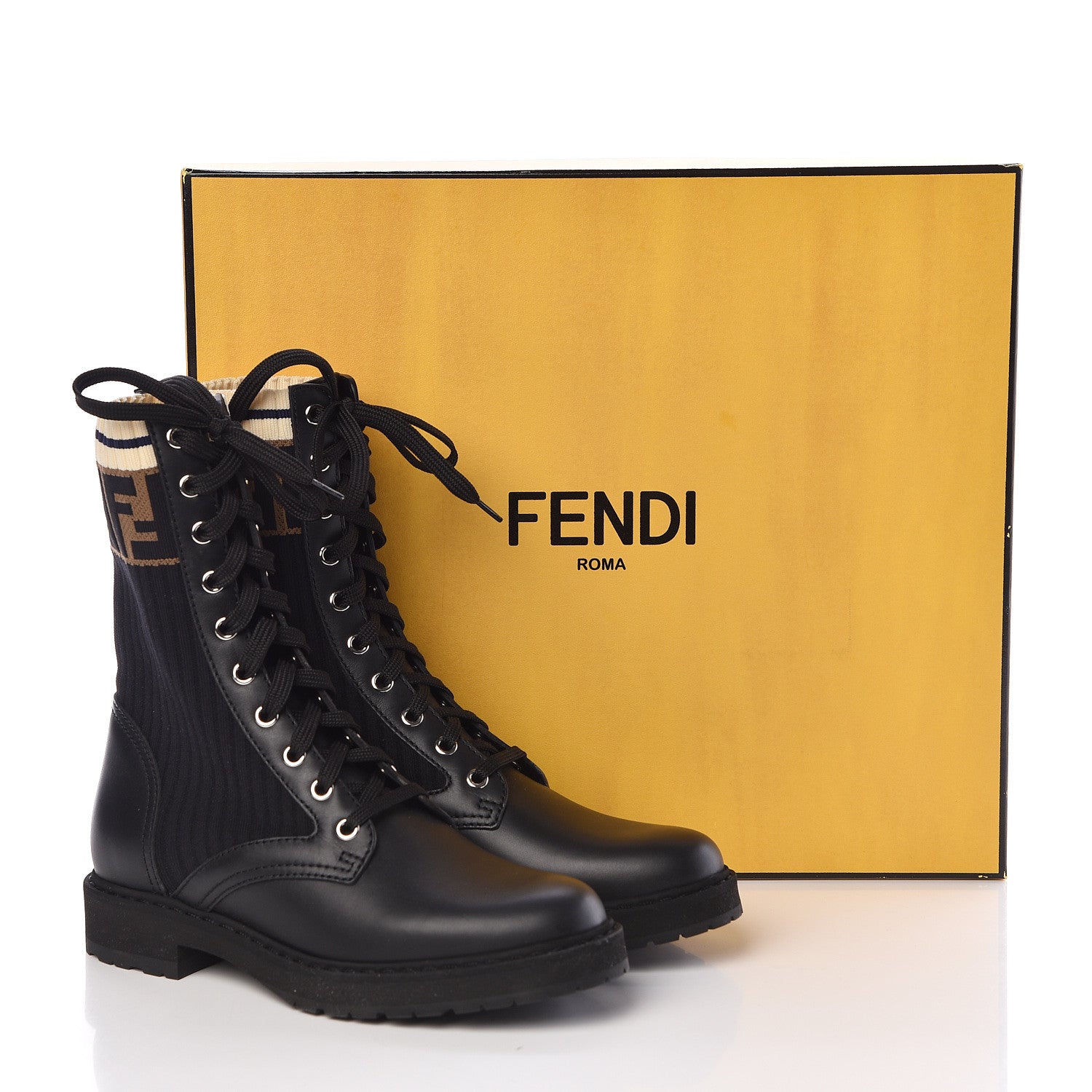 Fendi Calfskin Stretch Fabric Rockoko Biker Boots 35.5 Tobacco Black Marino 7 of 7