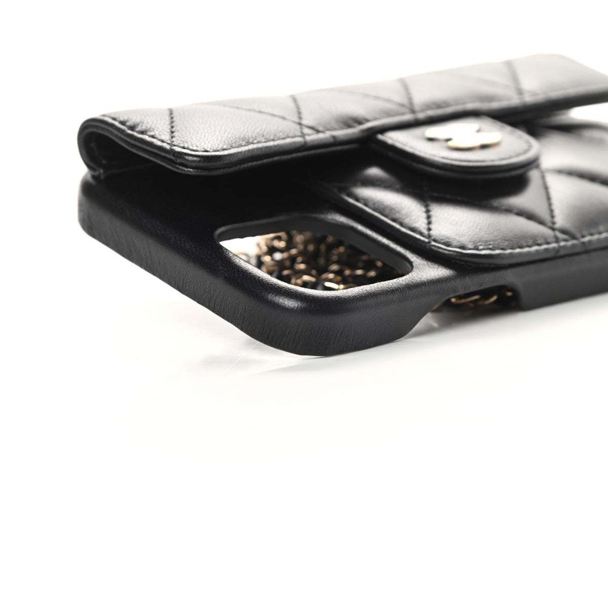 Lambskin Quilted iPhone XII Pro Holder With Chain Black