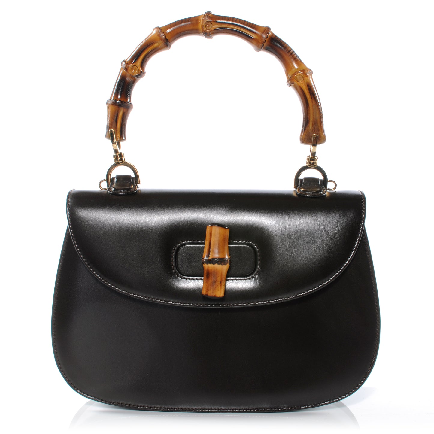 Leather Bamboo Top Handle Bag Black