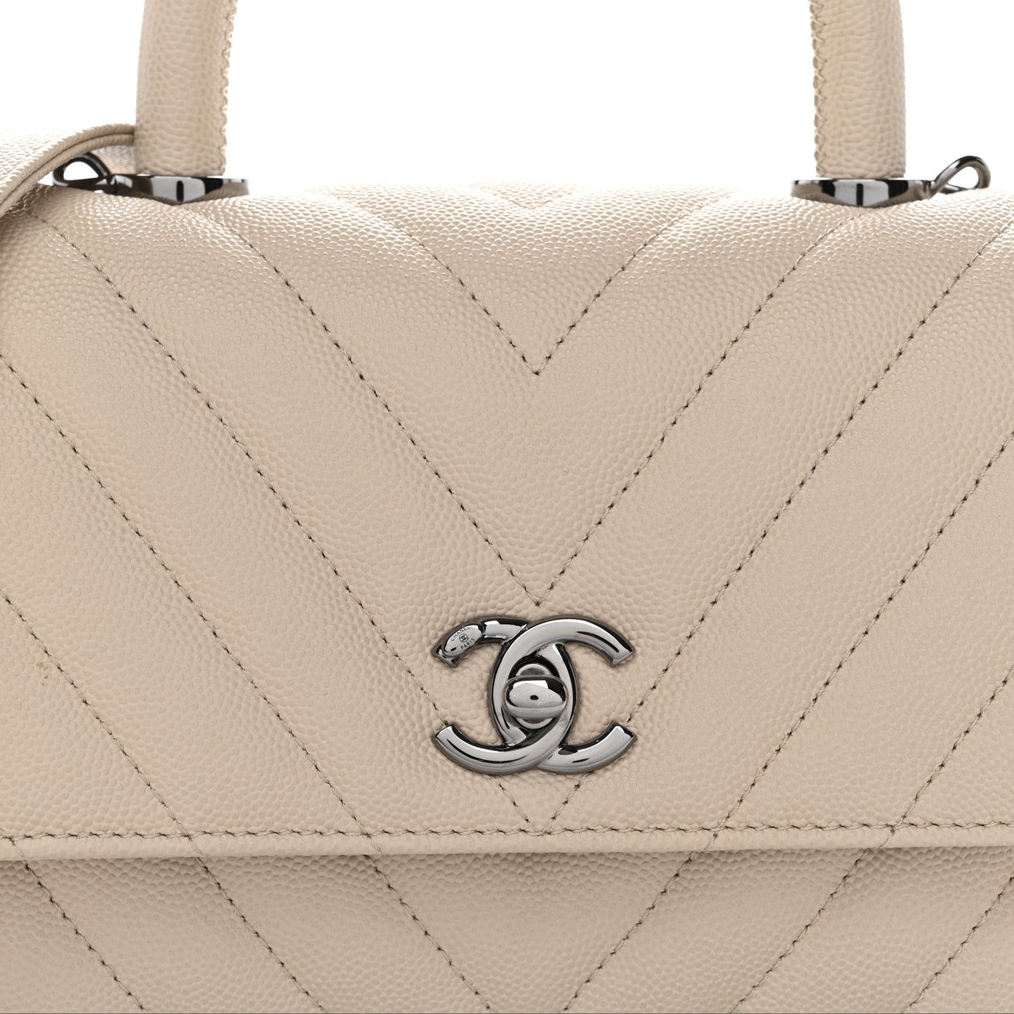 Caviar Chevron Quilted Mini Coco Handle Flap Beige