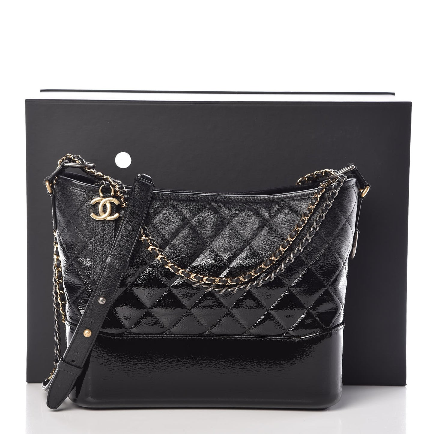 Patent Goatskin Quilted Medium Gabrielle Hobo Black