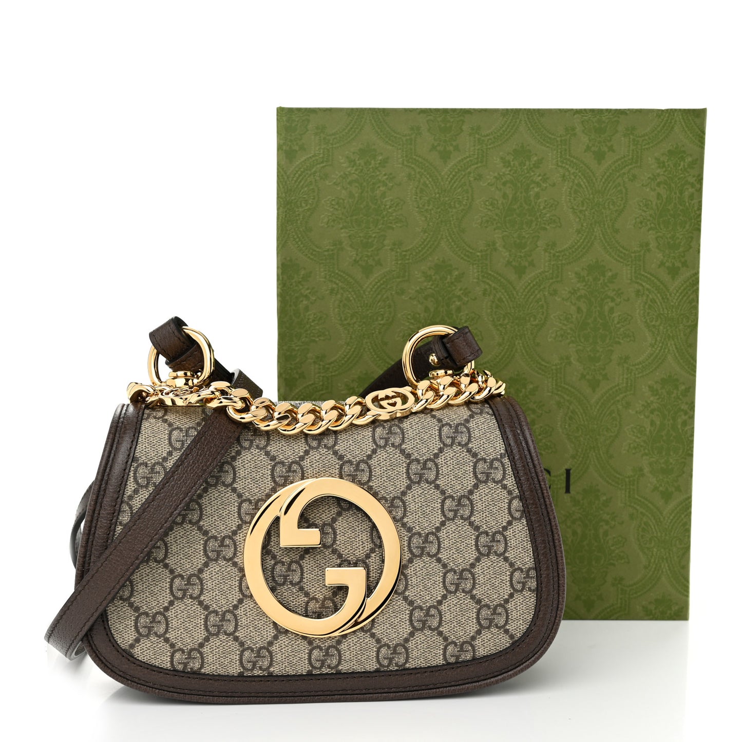 GG Supreme Monogram Textured Dollar Calfskin Mini Blondie Chain Shoulder Flap Bag Beige Ebony New Acero
