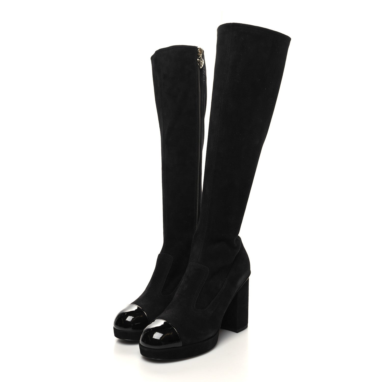 Chanel Suede Kidskin Patent CC Cap Toe Tall Boots 37 Black 3 of 7