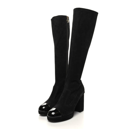 Chanel Suede Kidskin Patent CC Cap Toe Tall Boots 37 Black 3 of 7