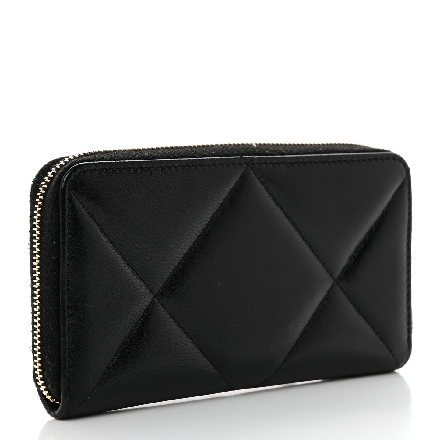 Shiny Goatskin Quilted Chanel 19 Long Zipped Around Wallet Black