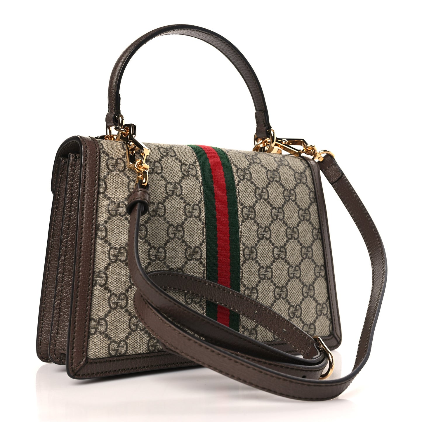 GG Supreme Monogram Textured Dollar Calfskin Web Small Ophidia Padlock Top Handle Bag Beige Ebony New Acero