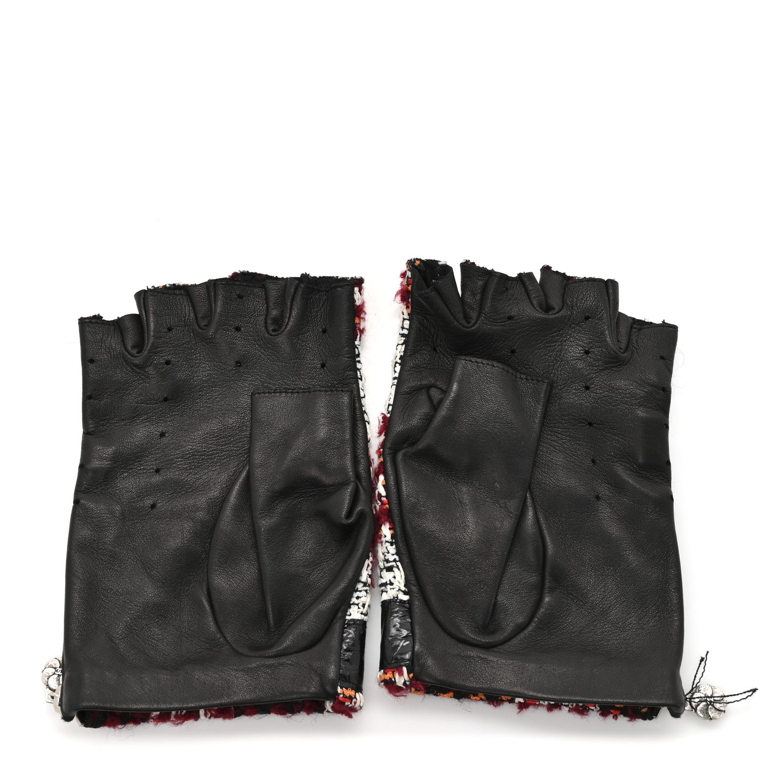 Chanel Tweed Lambskin Fingerless CC Gloves 8.5 Black White Red 4 of 8