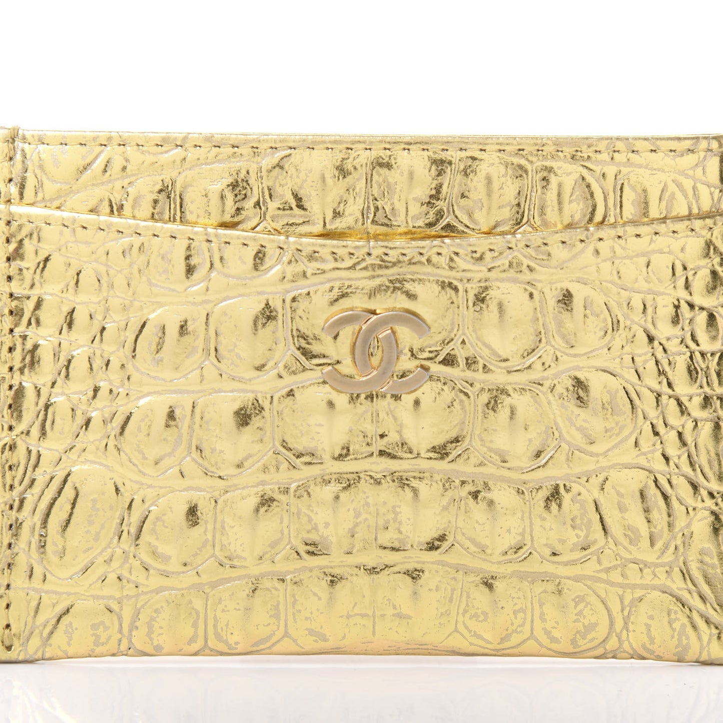 Metallic Calfskin Crocodile Embossed Cocodile Card Holder Gold