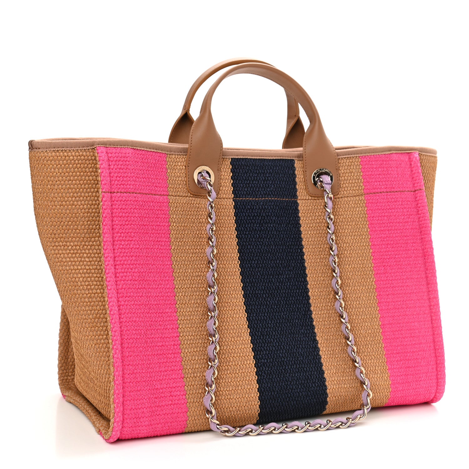 Chanel Straw Raffia Calfskin Striped Large Deauville Tote Dark Beige Fuchsia Navy Blue 3 of 10