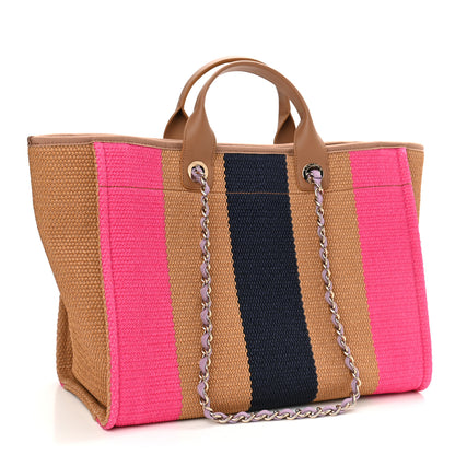 Chanel Straw Raffia Calfskin Striped Large Deauville Tote Dark Beige Fuchsia Navy Blue 3 of 10