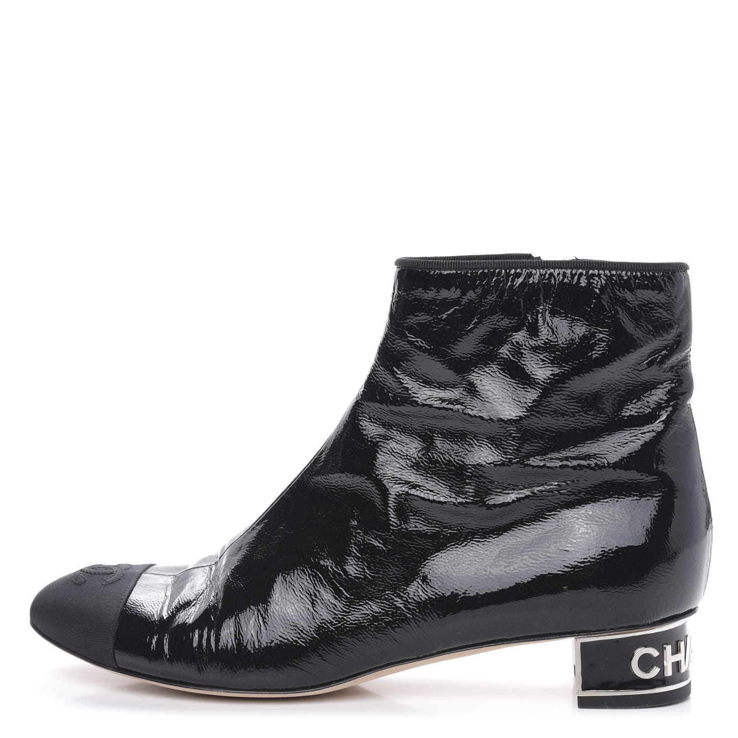 Chanel Patent Goatskin Grosgain Cap Toe Short Ankle Boots 41 Black 1 of 7