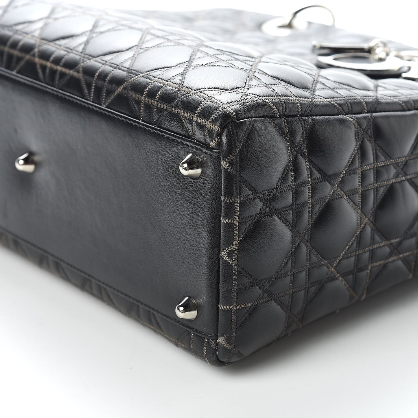 Lambskin Stitched Large Lady Dior Black