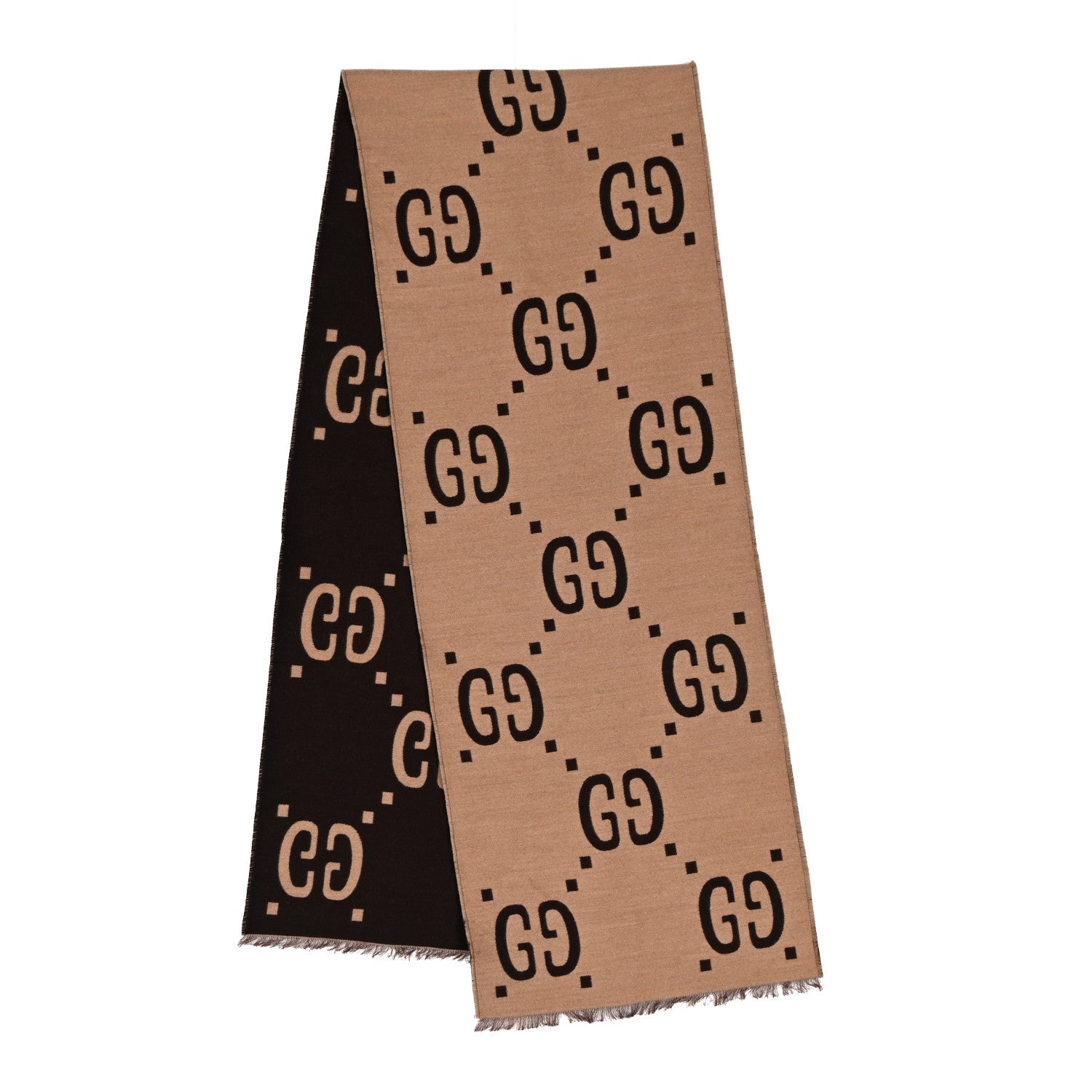 Gucci Wool Silk Monogram Jumbo GG Freedom Scarf Dark Brown Beige 2 of 4
