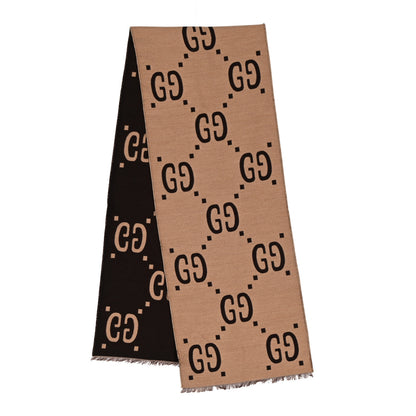 Gucci Wool Silk Monogram Jumbo GG Freedom Scarf Dark Brown Beige 2 of 4