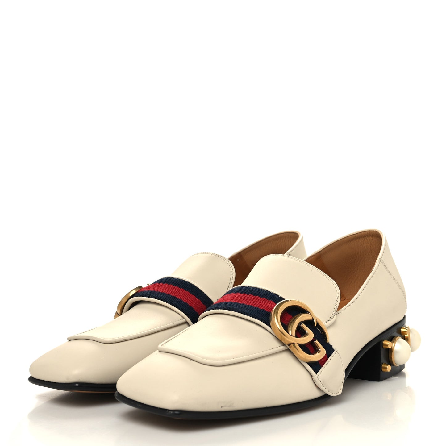 Betis Glamour Calfskin Web Pearl Embellished Peyton 35mm Loafer Pumps 36.5 Mystic White