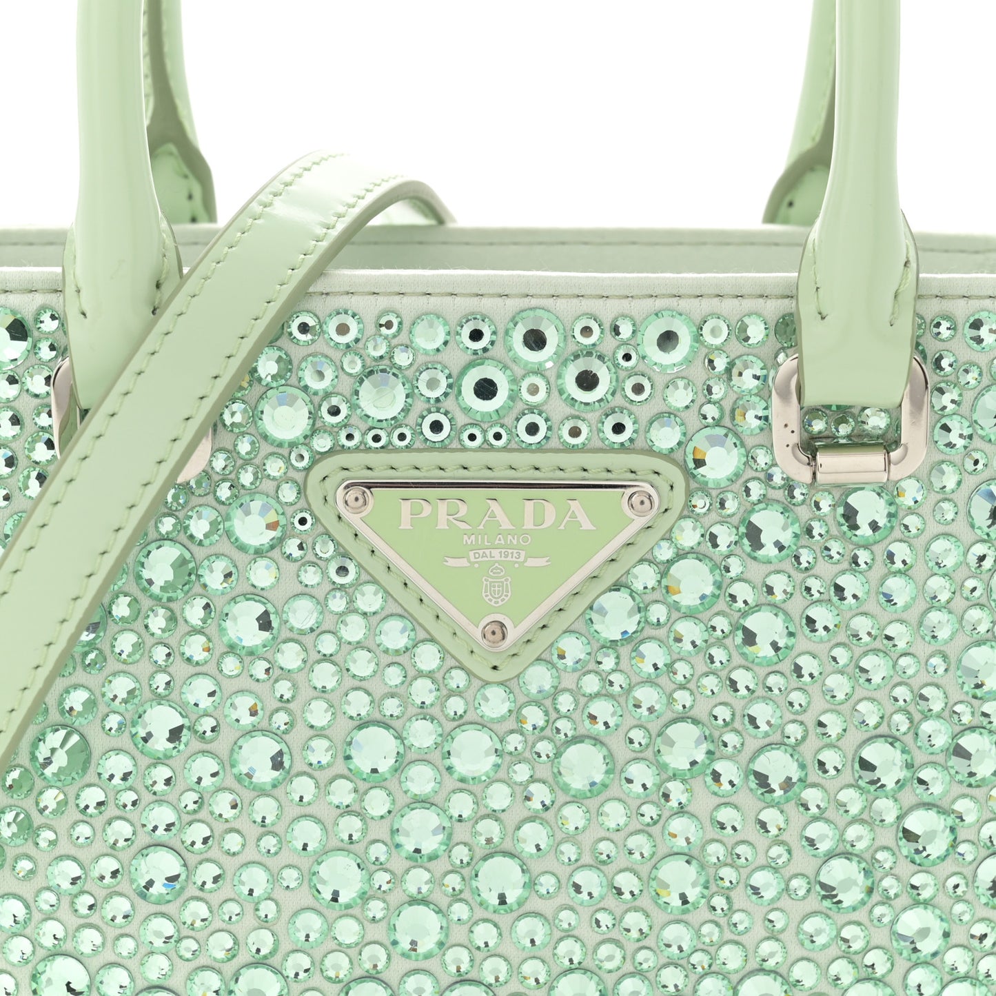Satin Crystal Metal Triangle Logo Small Double Handle Crossbody Tote Acqua