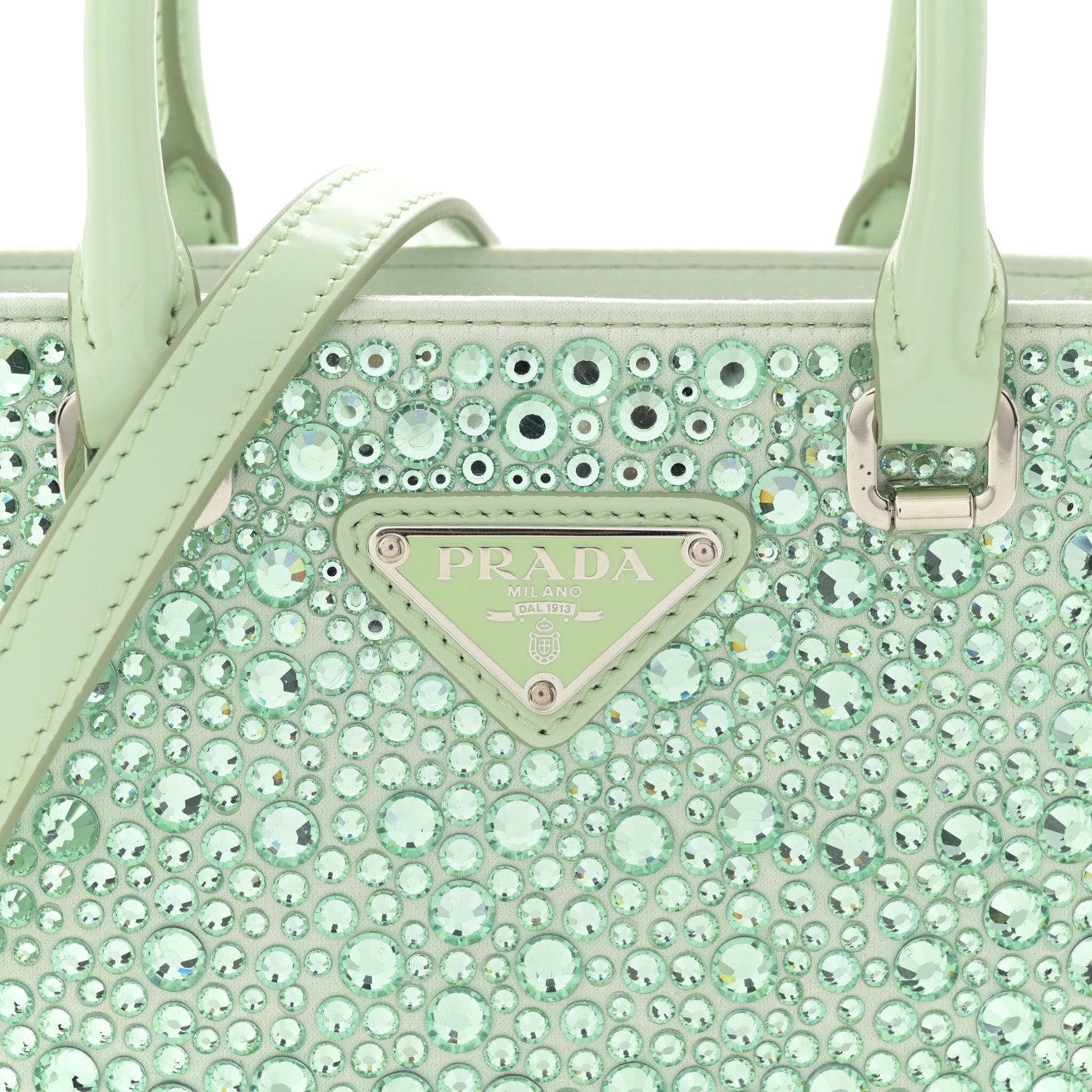 Prada Satin Crystal Metal Triangle Logo Small Double Handle Crossbody Tote Acqua 8 of 11