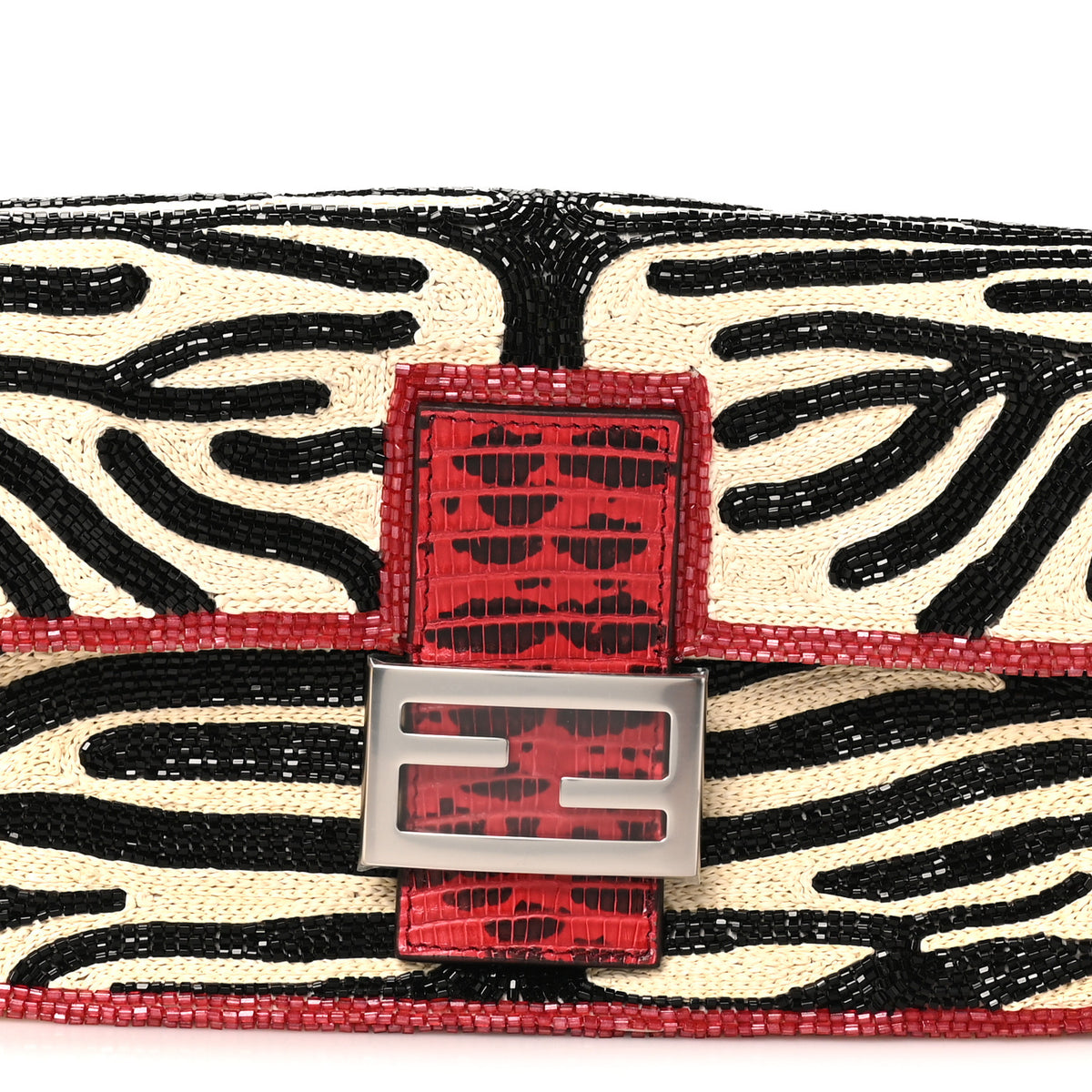 Silk Lizard Raffia Embroidery Tiger Print Baguette Re Edition 26424 Black Natural Dark Red