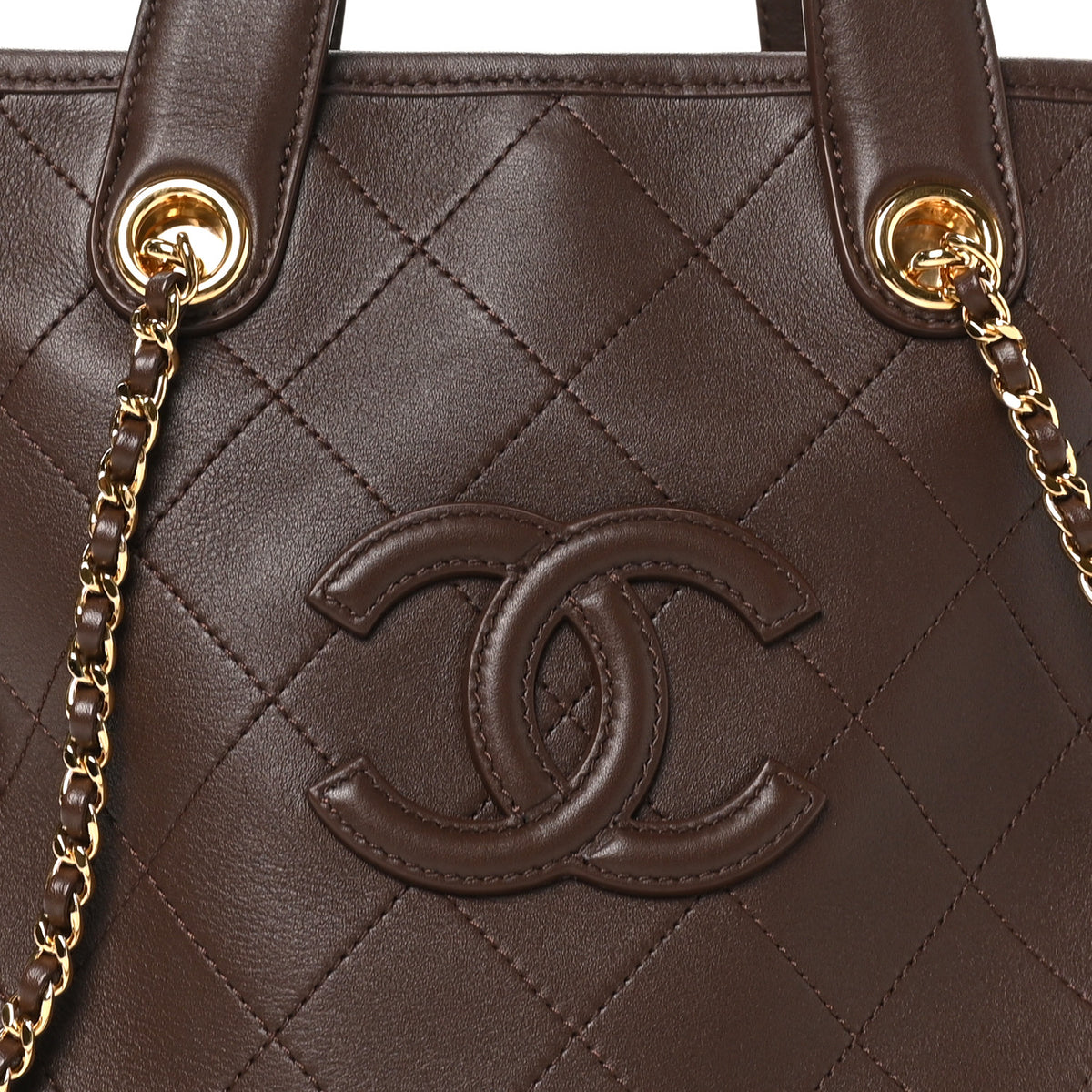 Calfskin Stitched Mini Shopping Tote  Dark Brown