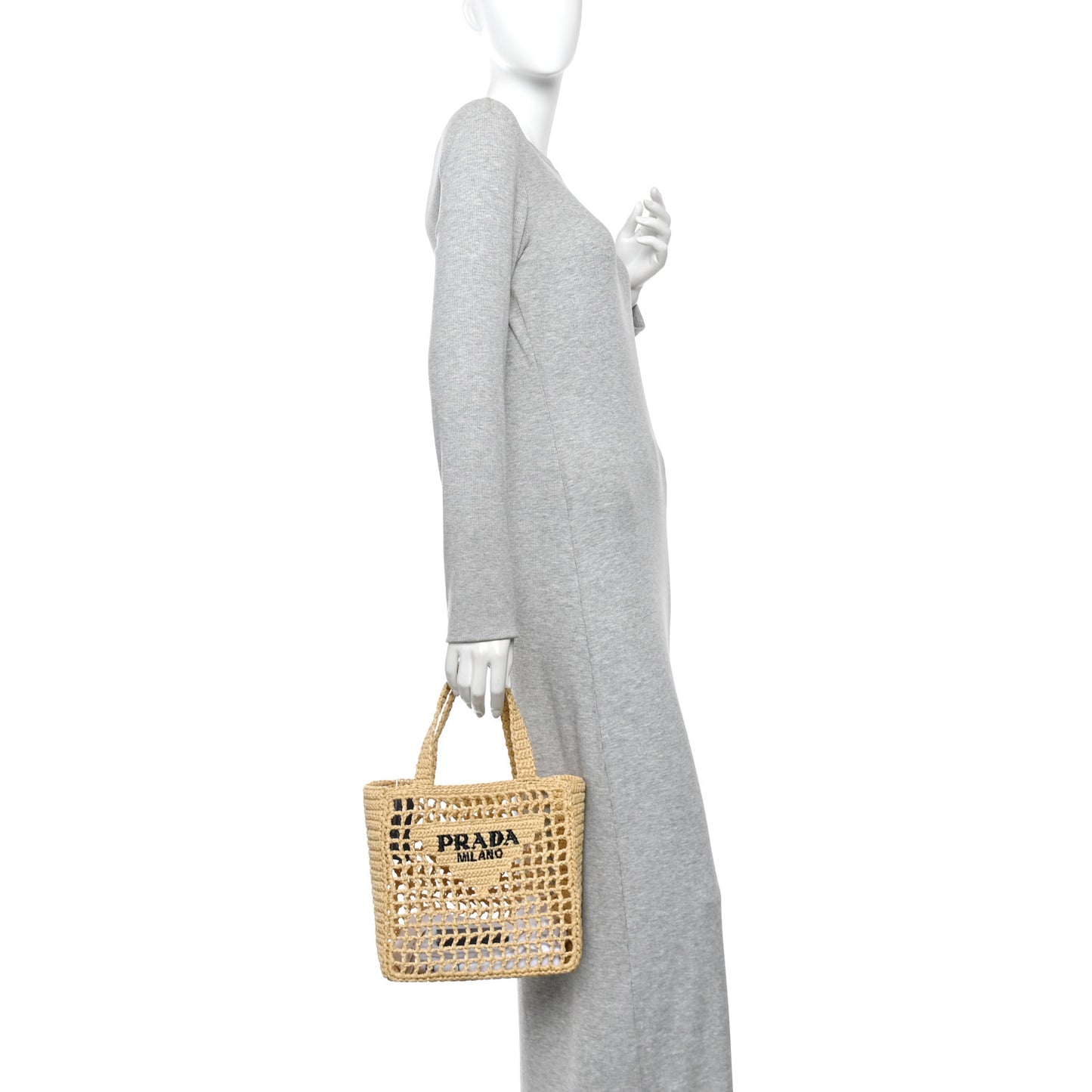 Yarn Raffia Effect Crochet Logo Embroidered Small Tote Bag Naturale