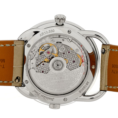 Hermes Stainless Steel Alligator Diamond Bezel Mother of Pearl 38mm Arceau Le Temps Voyageur Automatic Watch Gris Perle 4 of 5