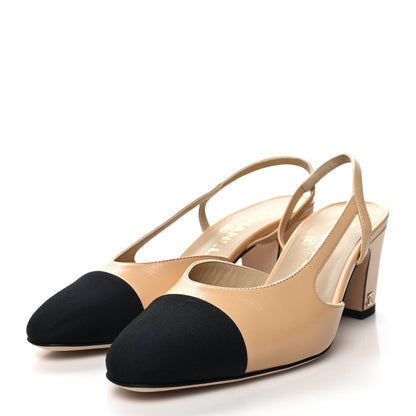 Chanel Goatskin Grosgrain Cap Toe CC Slingback Pumps 36.5 Beige Black 3 of 8
