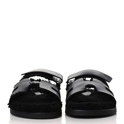 Hermes Calfskin Woolskin Mens Chypre Sandals 43 Black 2 of 8