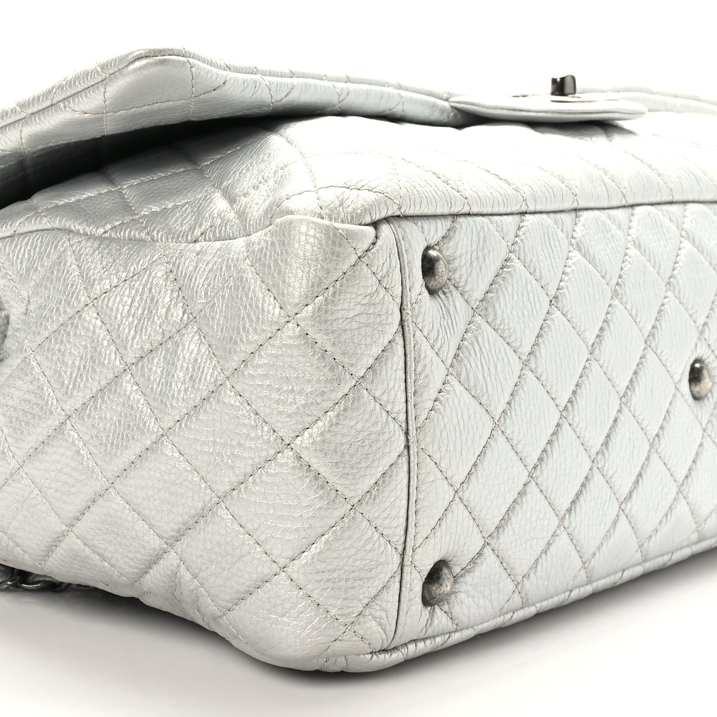 Metallic Calfskin Quilted XXL Travel Flap Bag Silver