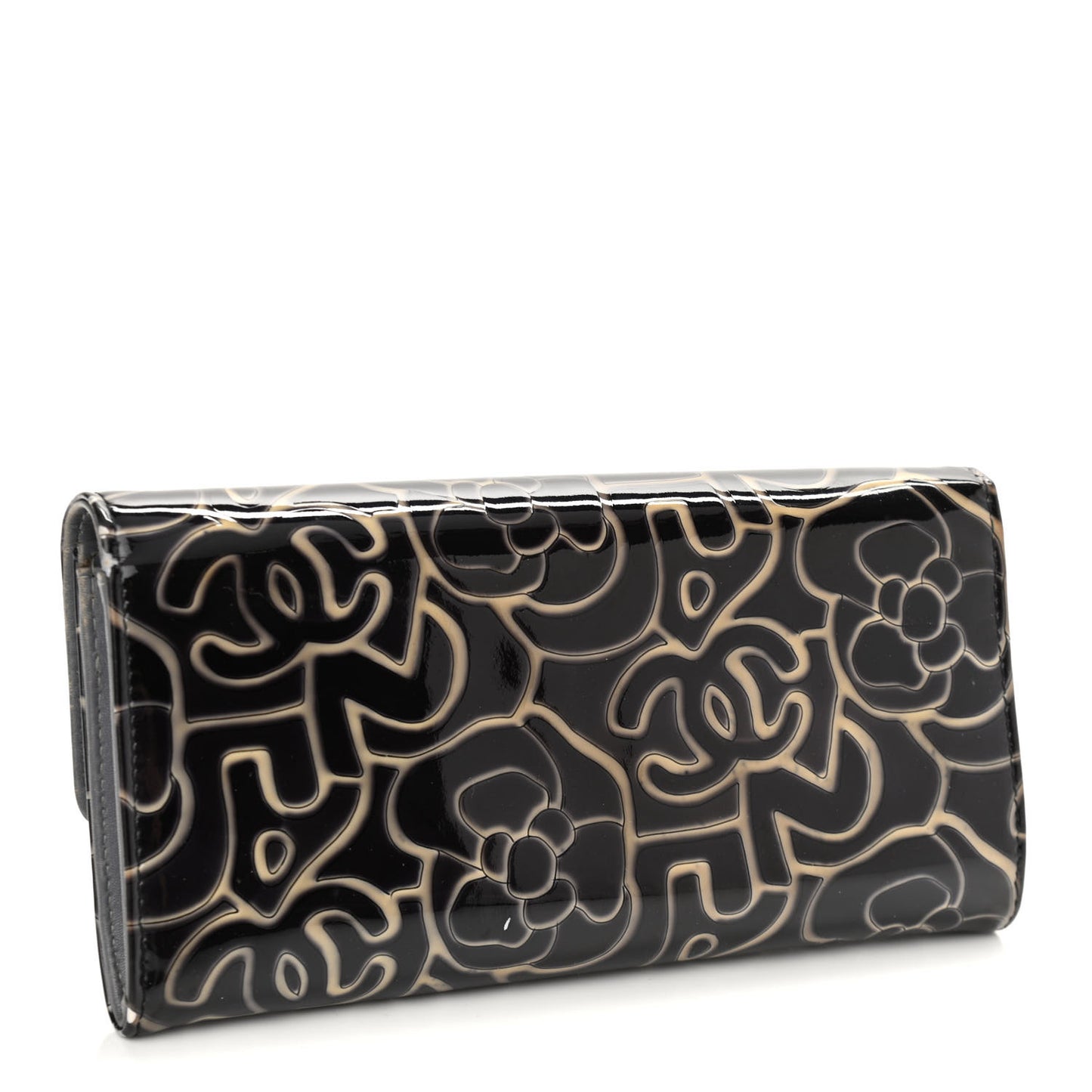 Patent Camellia Embossed Flap Wallet Dark Blue