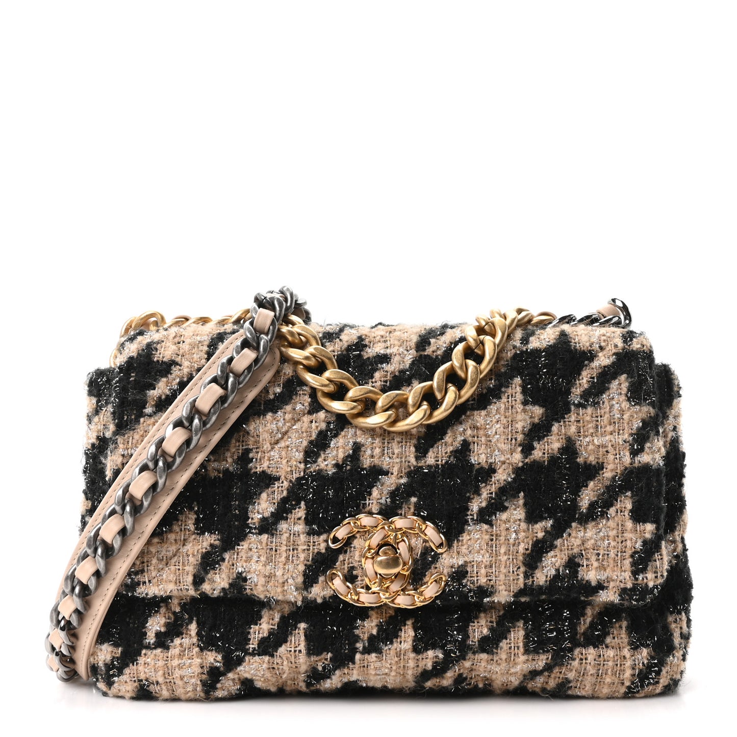 Tweed Houndstooth Quilted Medium Chanel 19 Flap Beige Black