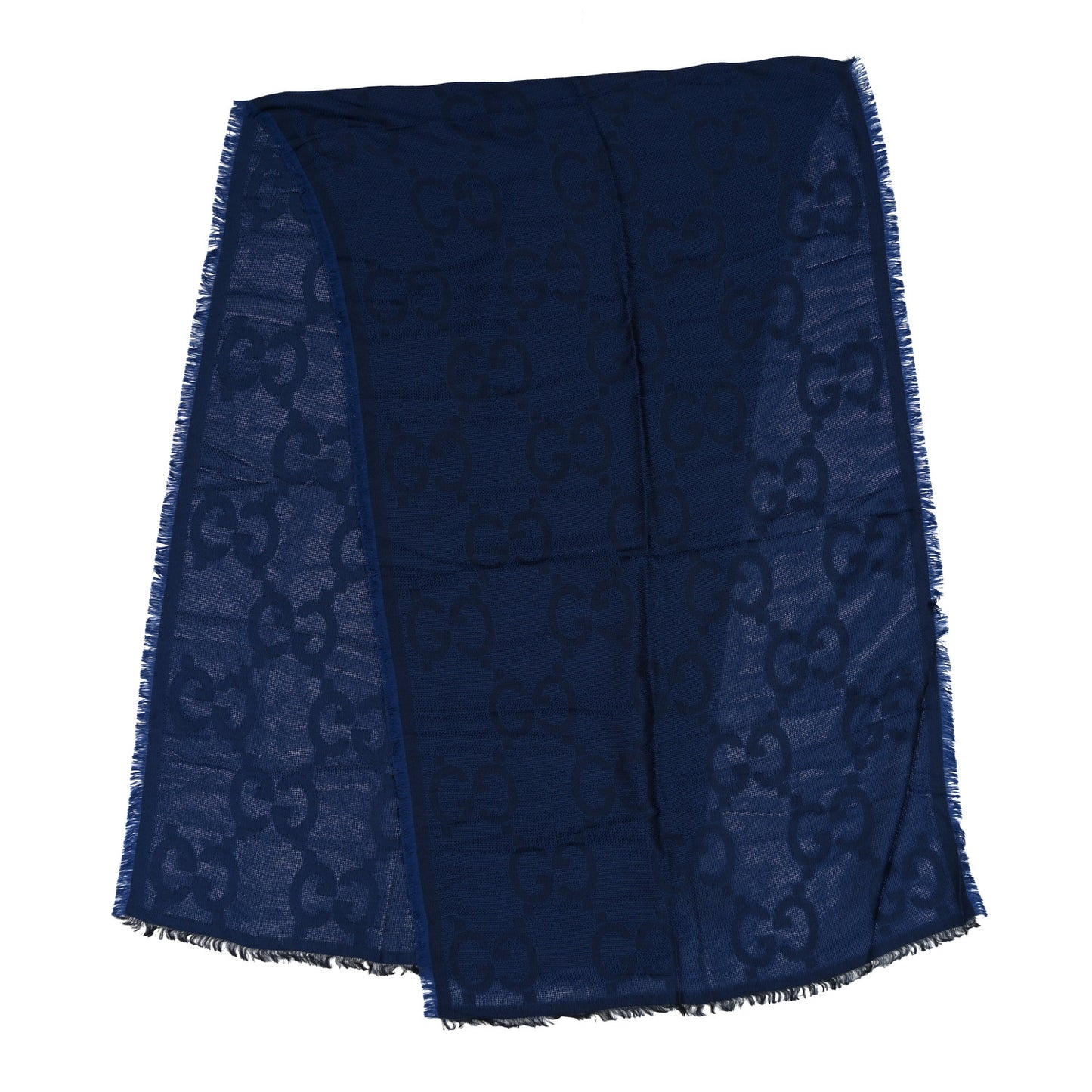 Wool Silk Monogram Jumbo GG Fringe Scarf Navy Blue