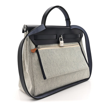 Hermes Vache Hunter Toile H Brides de Gala Herbag Zip Retourne 31 PM Bleu De France Ecru Black 4 of 12