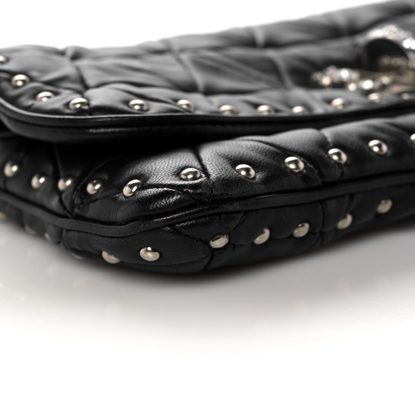 Nappa Quilted Crystal Studded Flap Clutch Black