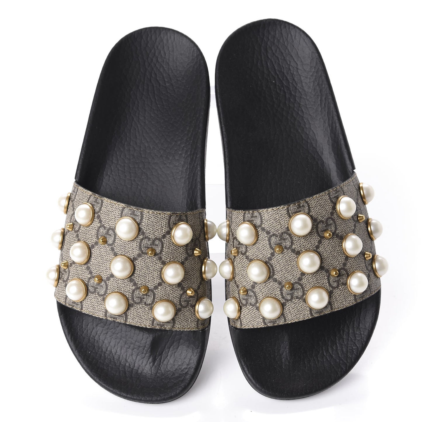 GG Supreme Monogram Pearls Slide Sandals 37 Beige