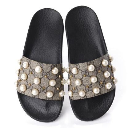 Gucci GG Supreme Monogram Pearls Slide Sandals 37 Beige 5 of 9