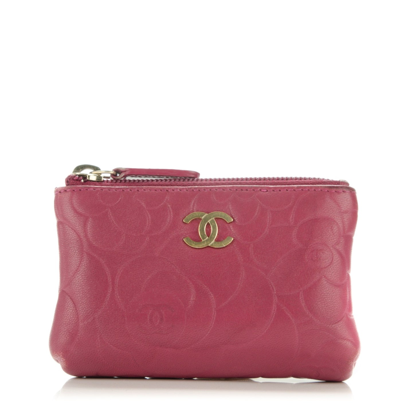 Lambskin Camellia Embossed Key Holder Case Fuchsia