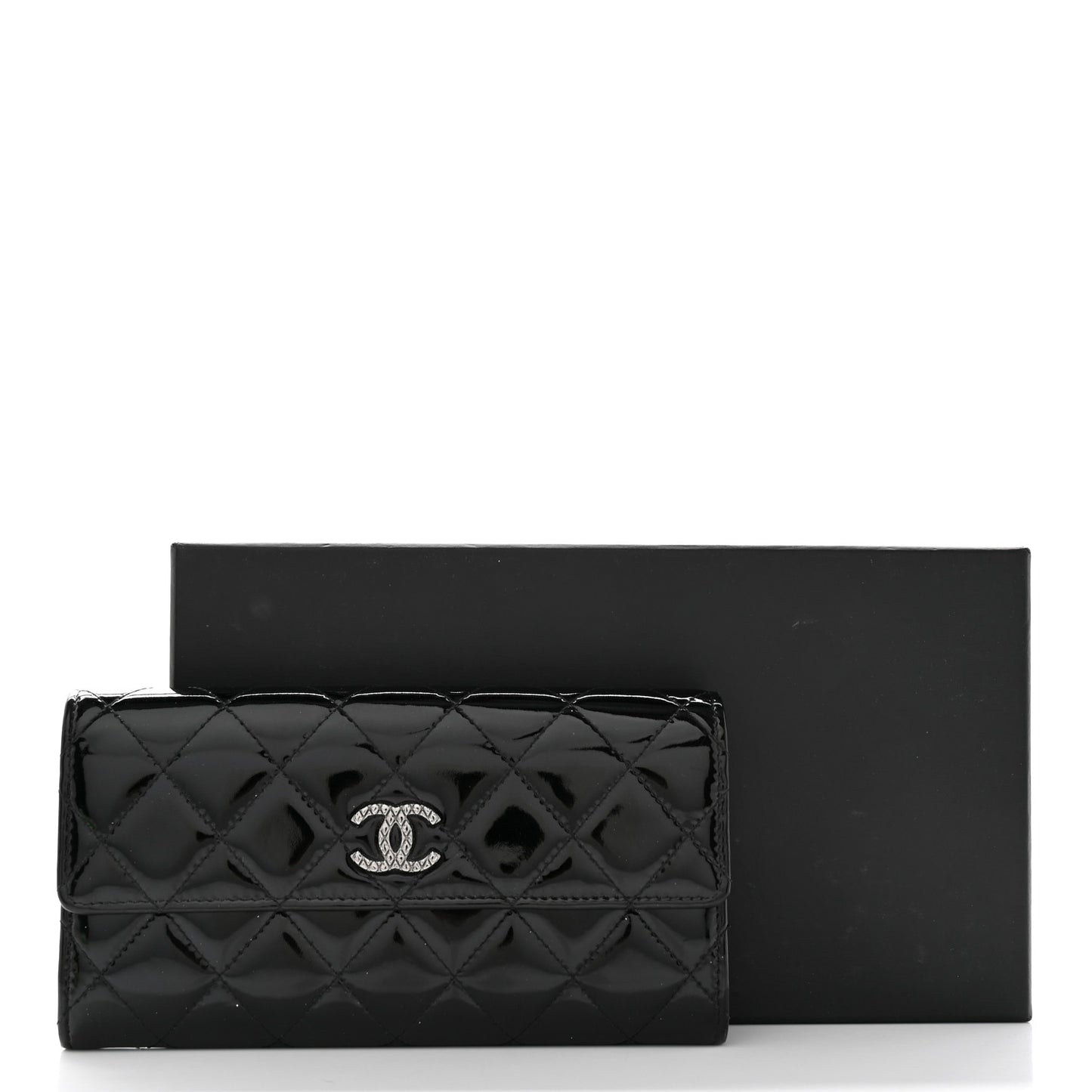 Patent Quilted Large Brilliant Flap Wallet Black