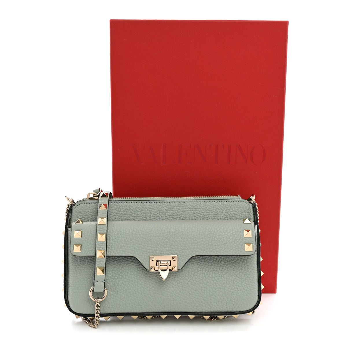 Grainy Calfskin Rockstud Crossbody Bag Water Green