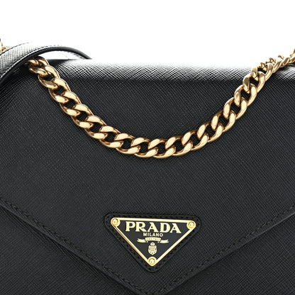 Prada Saffiano Soft Calfskin Metal Triangle Logo Envelope Chain Shoulder Bag Black 8 of 11