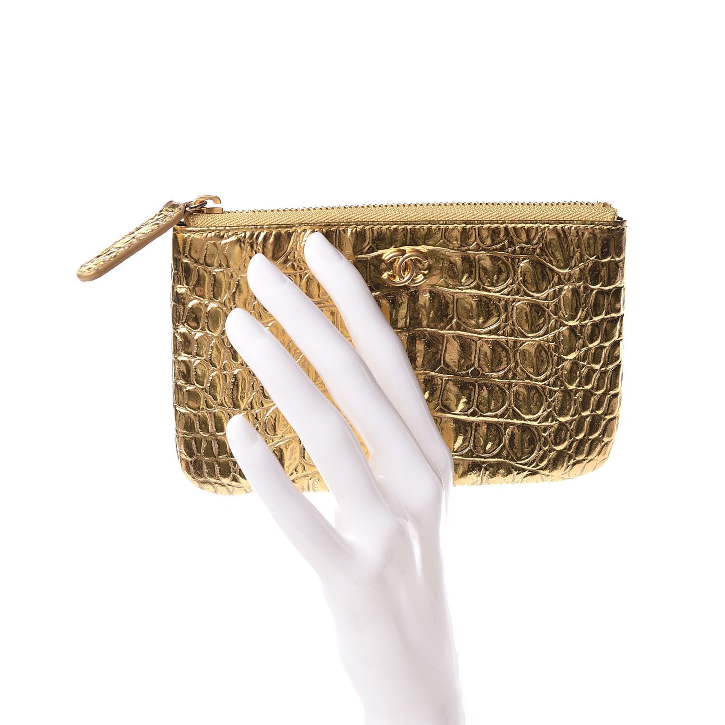 Metallic Calfskin Crocodile Embossed Cocodile Small Cosmetic Case Gold