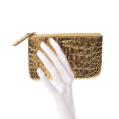Chanel Metallic Calfskin Crocodile Embossed Cocodile Small Cosmetic Case Gold 2 of 8