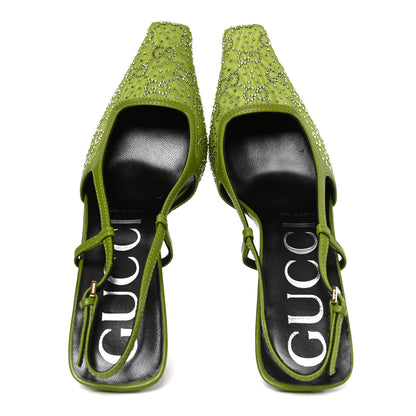 Gucci Moire Fabric Malaga Kid Crystal GG Monogram Square G 75mm Slingback Pumps 37 Lemon Leaf 2 of 9