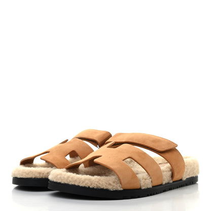 Hermes Suede Goatskin Woolskin Womens Chypre Sandals 41 Golden Beige 2 of 8