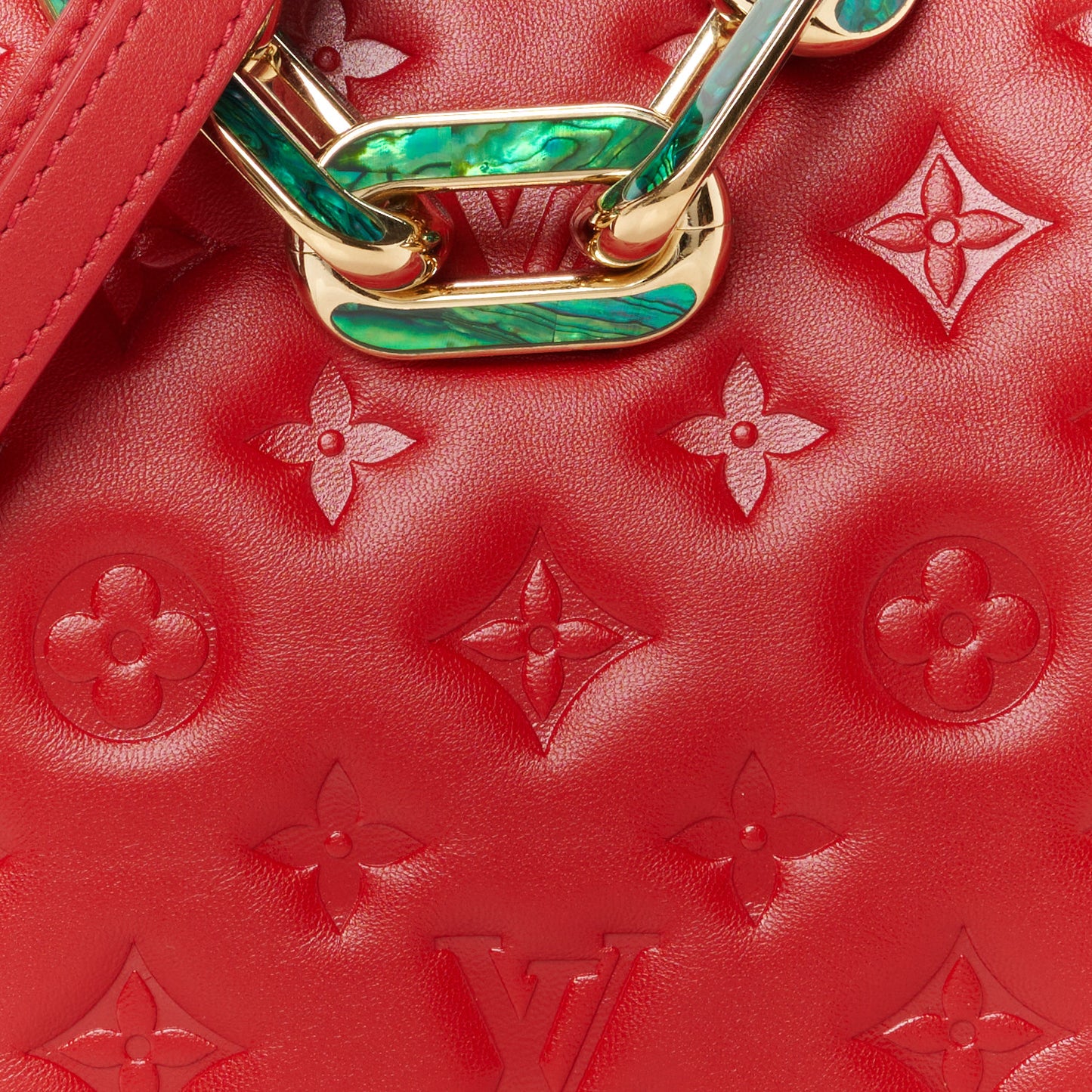 Mother of Pearl Lambskin Embossed Monogram Coussin BB Red Green