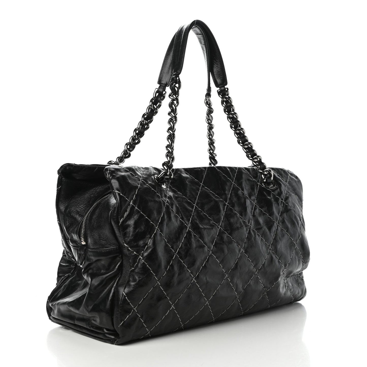 Glazed Goatskin Double Contrast Stitch Large Tote Black