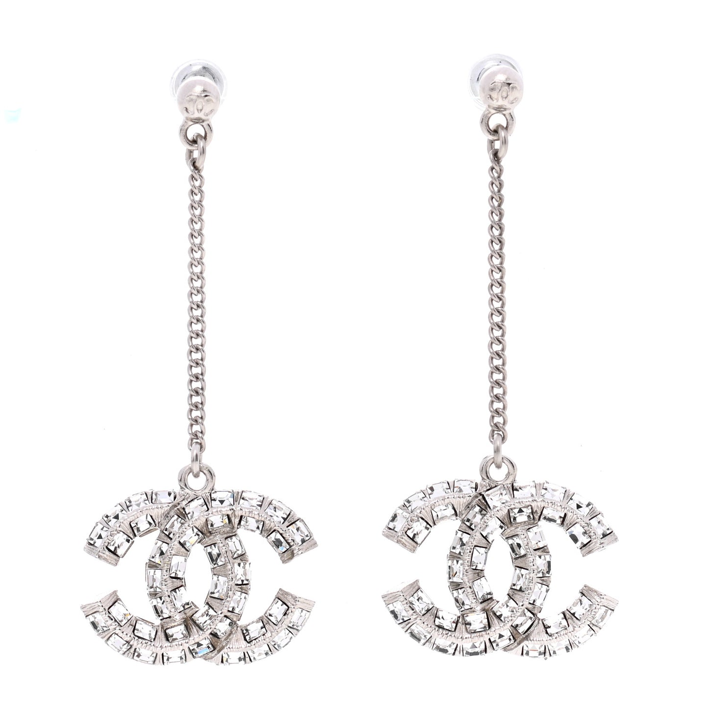 Baguette Crystal CC Drop Earrings Silver
