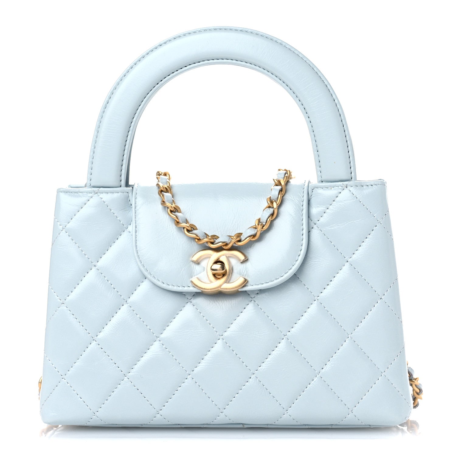 Chanel Shiny Aged Calfskin Quilted Nano Kelly Shopper Light Blue 1 of 10