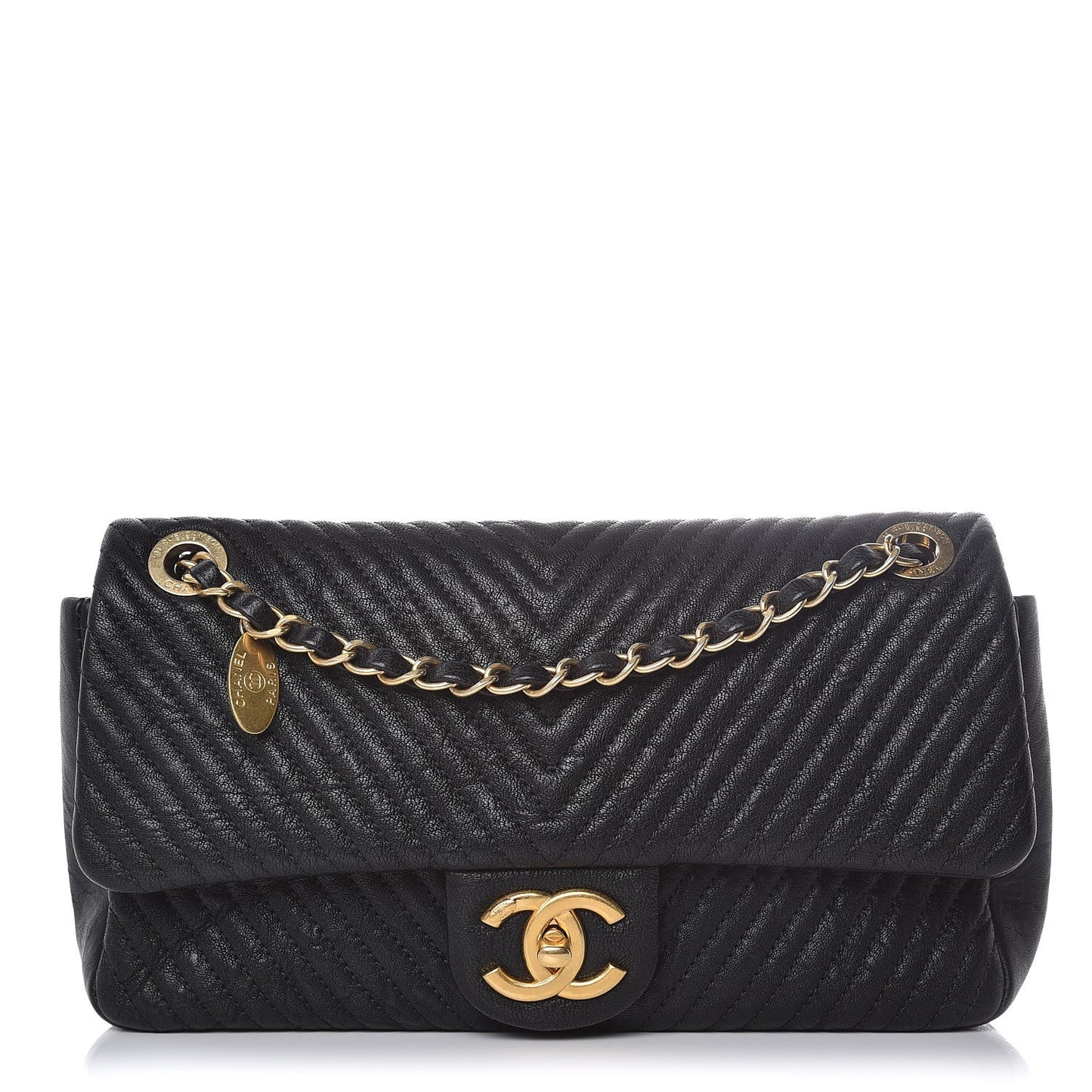 Calfskin Chevron Quilted Medium Surpique Flap Black