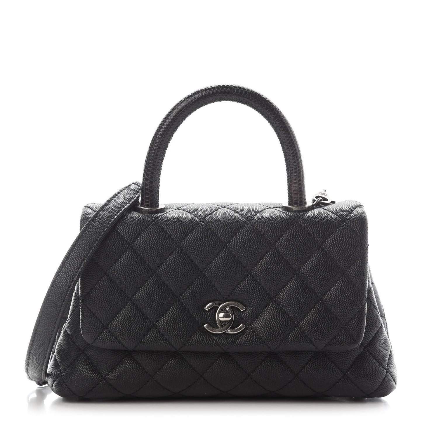 Caviar Lizard Embossed Quilted Mini Coco Handle Flap Black